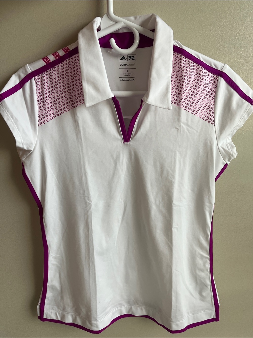 adidas White and Purple Athletic Golf Polo